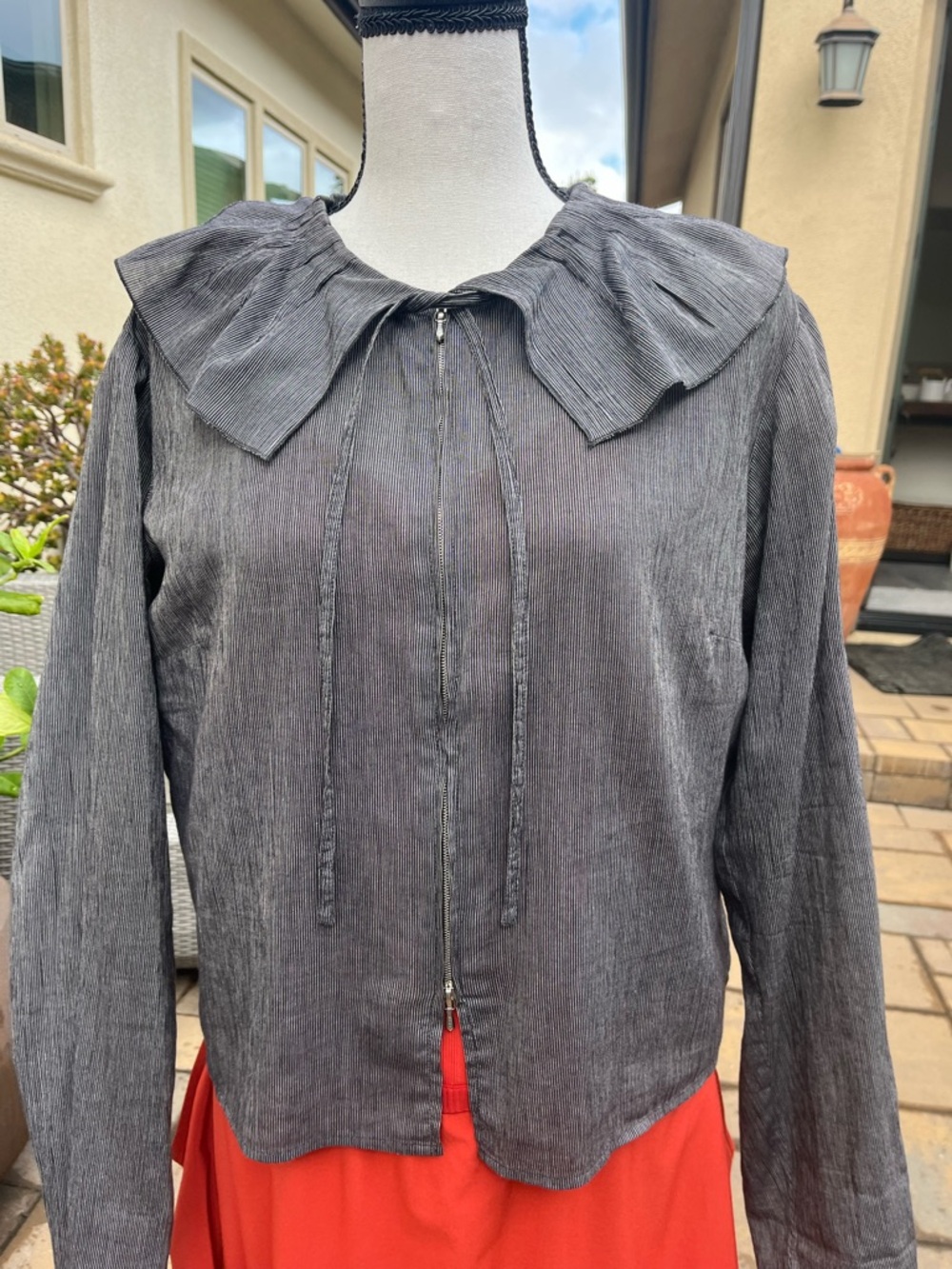 Agnes B. charcoal gray pleated collar long sleeve blouse